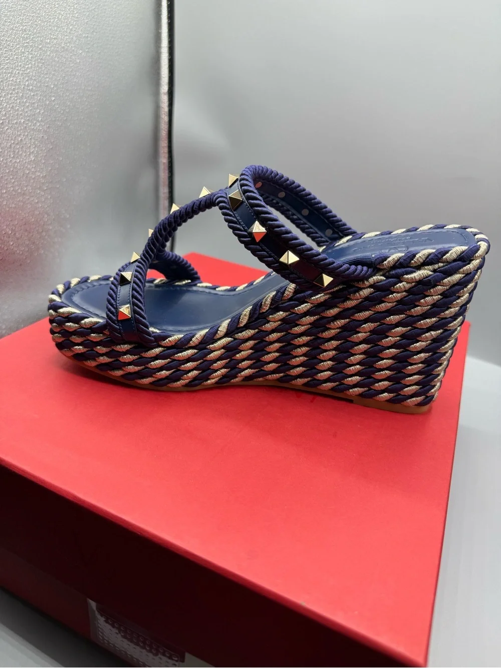 Valentino Blue Rope Wedge Sandals with Stud Detailing